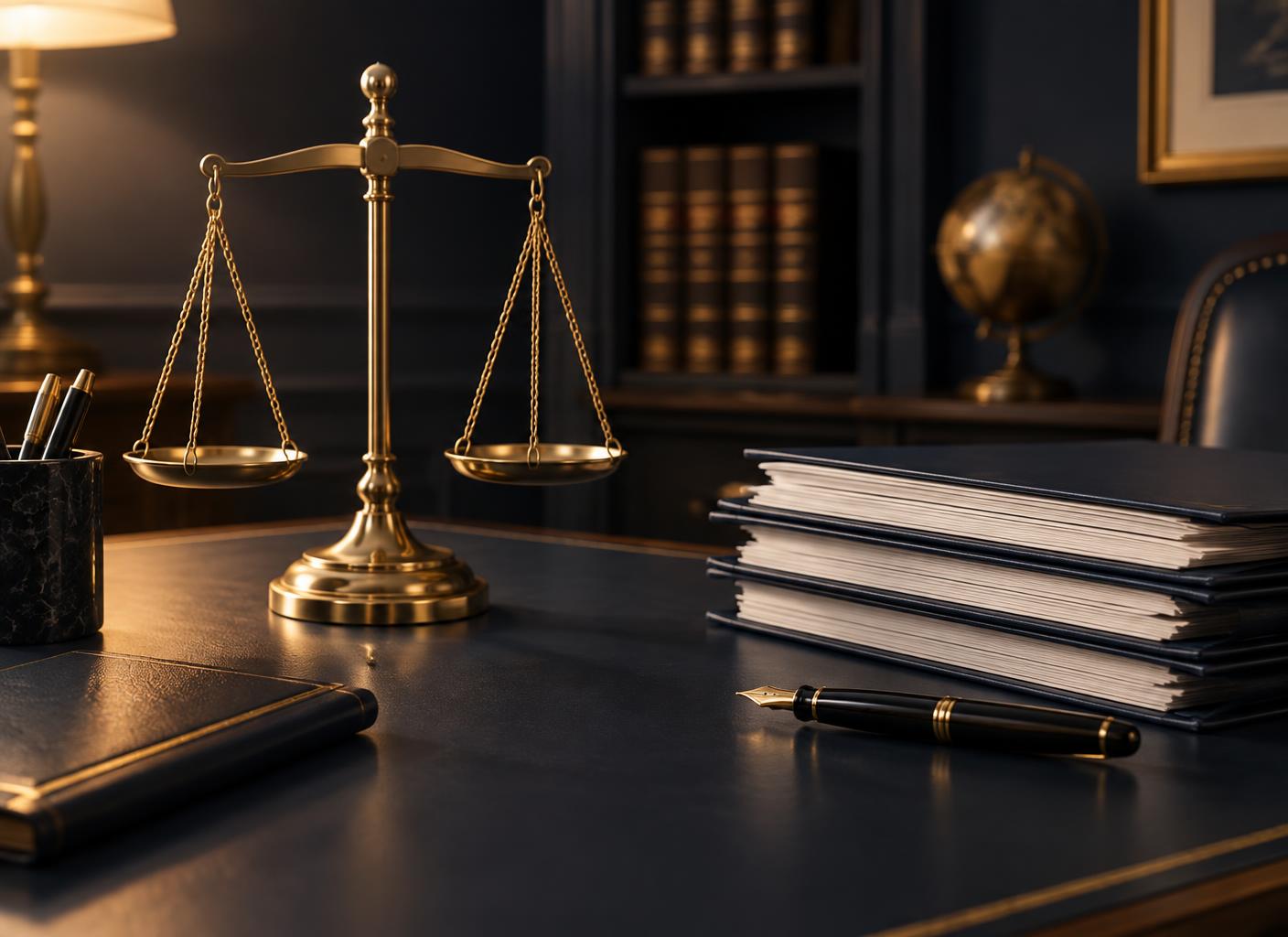 Balança da justiça e documentos sobre uma mesa, representando a advocacia previdenciária